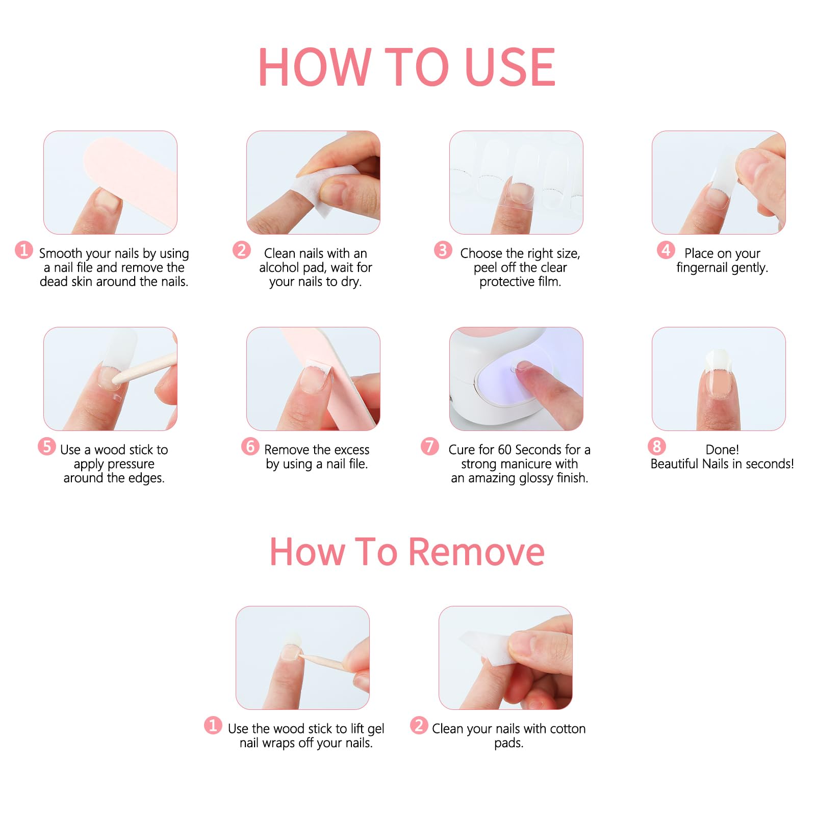 YIZHUO Valentine's Day Gel Nail Strips – Gradient Pink French Tip, 20 Pcs, DIY at Home