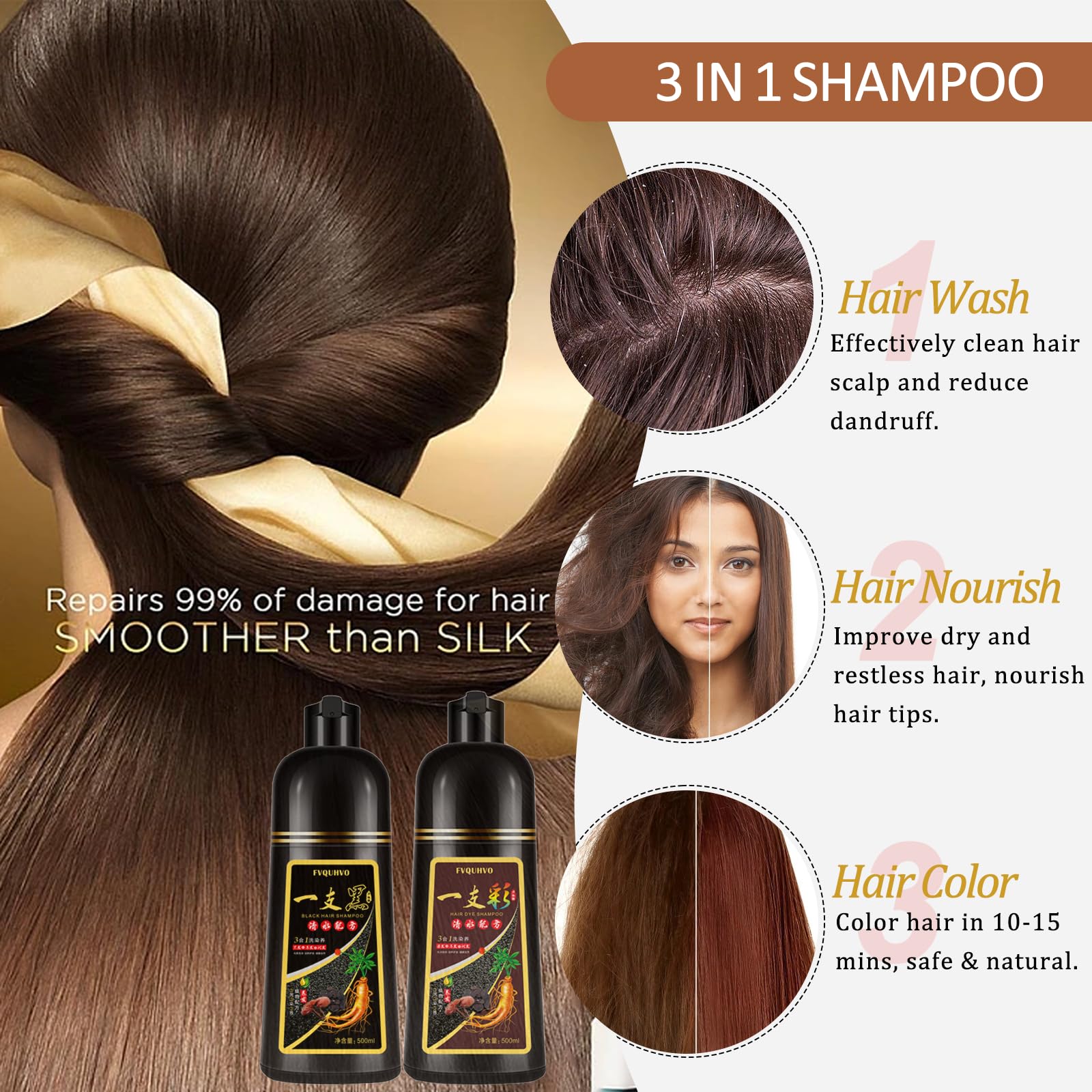 Yocisku Chestnut Brown Hair Dye Shampoo 3-in-1 for Gray Coverage | 16.9 oz