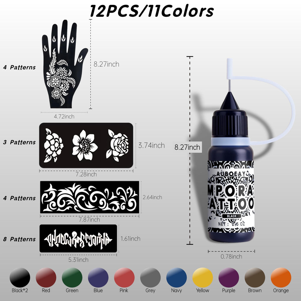 YOEALABY Temporary Tattoo Kit – 12 Ink Bottles, 11 Colors, 18 Stencils for Adults & Kids | Safe & Easy DIY Tattoos