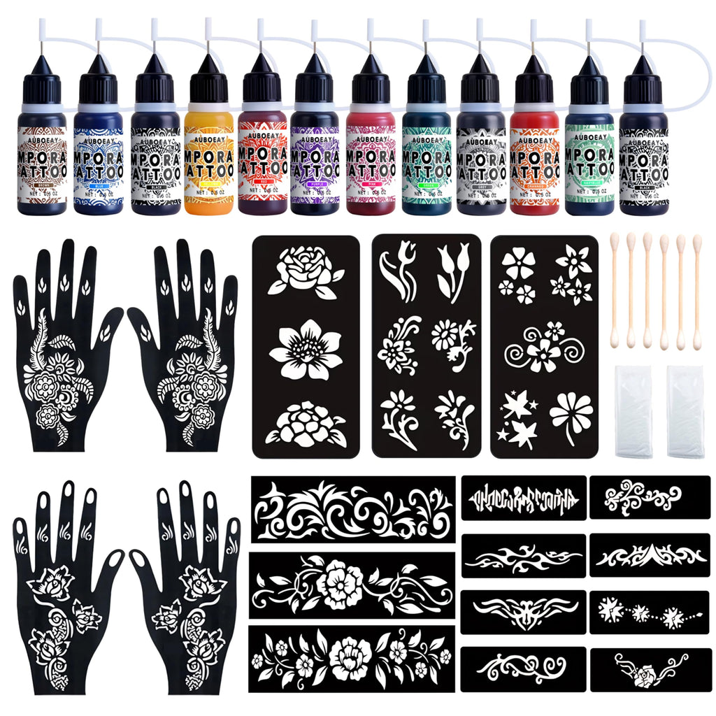 YOEALABY Temporary Tattoo Kit – 12 Ink Bottles, 11 Colors, 18 Stencils for Adults & Kids | Safe & Easy DIY Tattoos