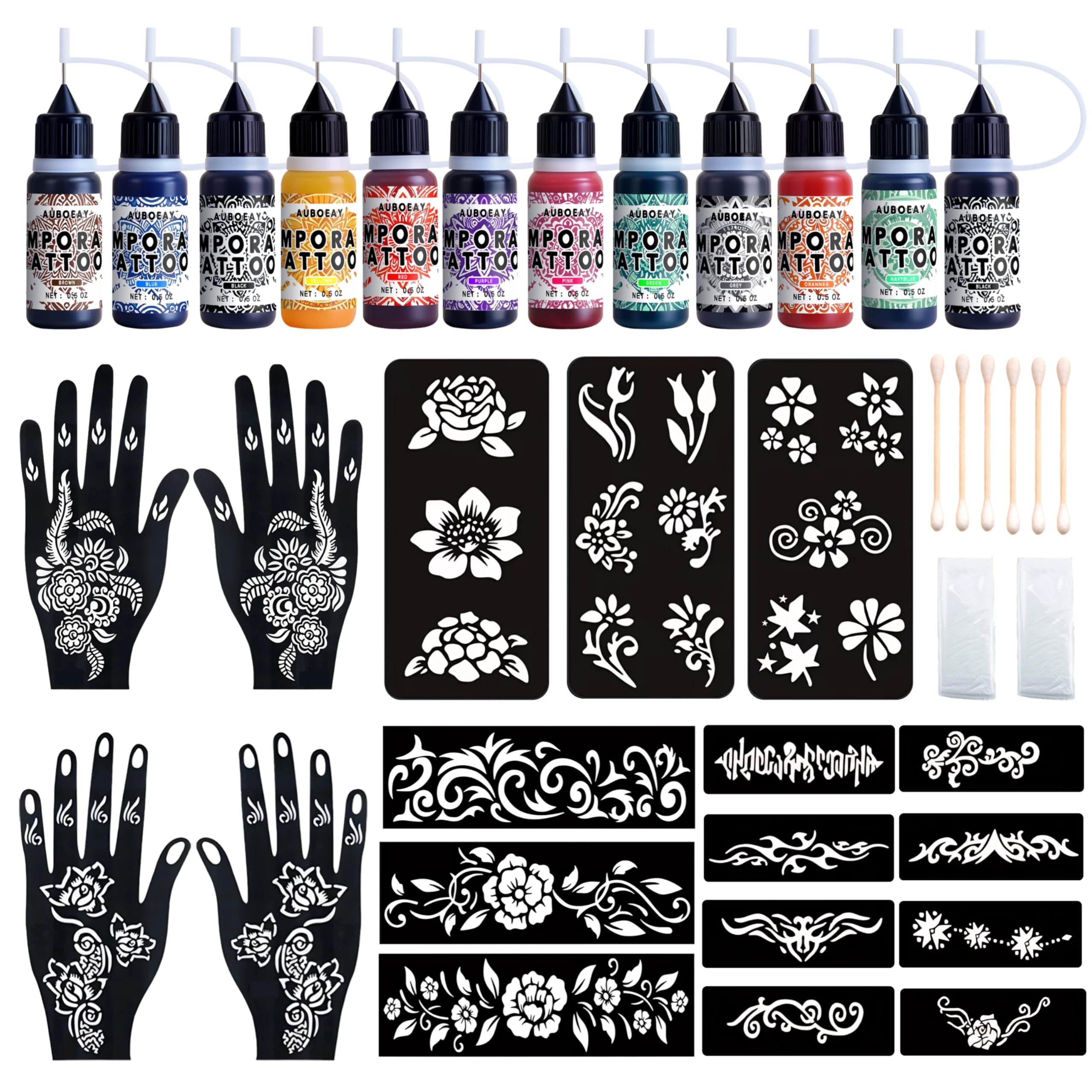 YOEALABY Temporary Tattoo Kit – 12 Ink Bottles, 11 Colors, 18 Stencils for Adults & Kids | Safe & Easy DIY Tattoos