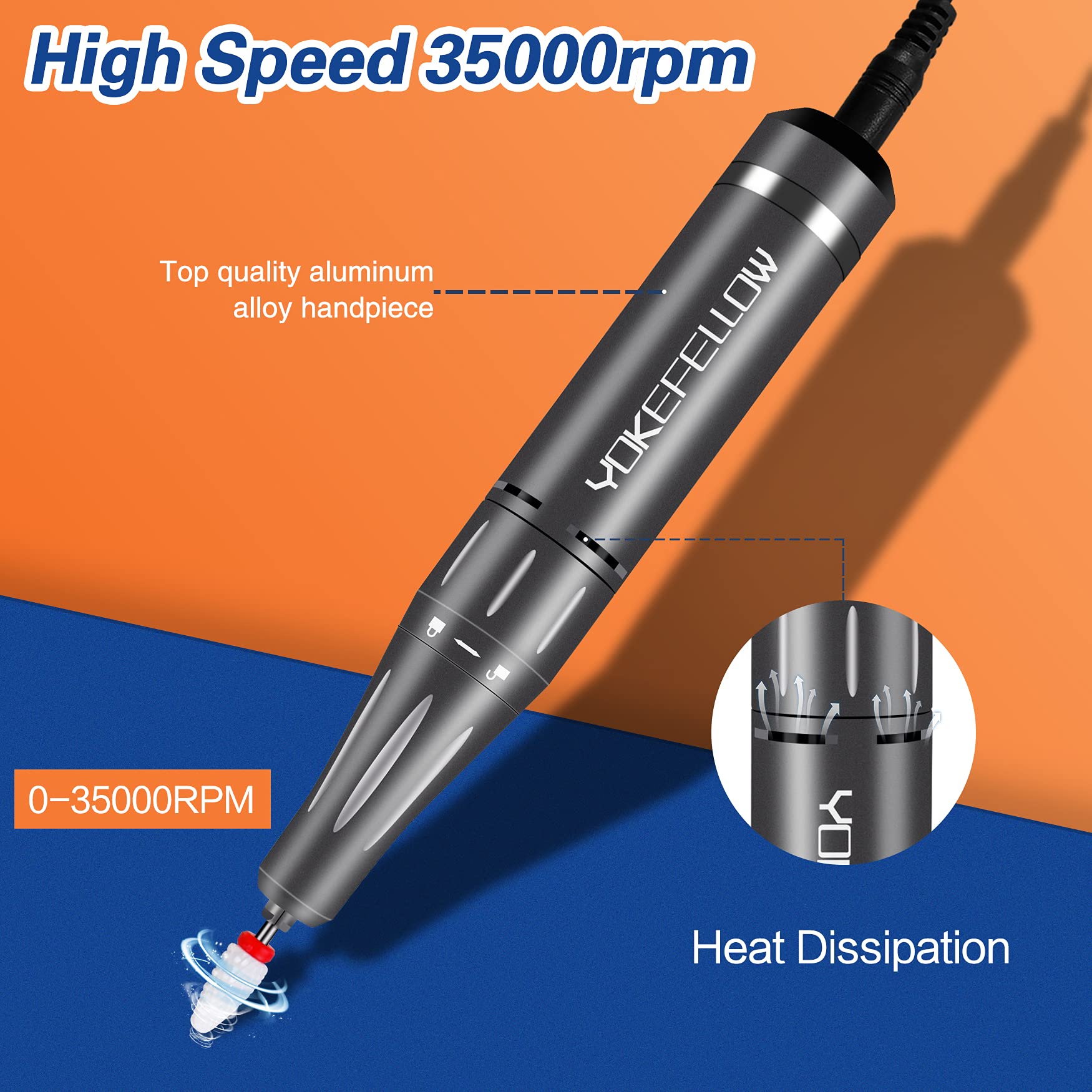 YOKE FELLOW Nail Drill Machine – 35000 RPM Pro Nail File with 6 Bits, Rechargeable for Home & Salon