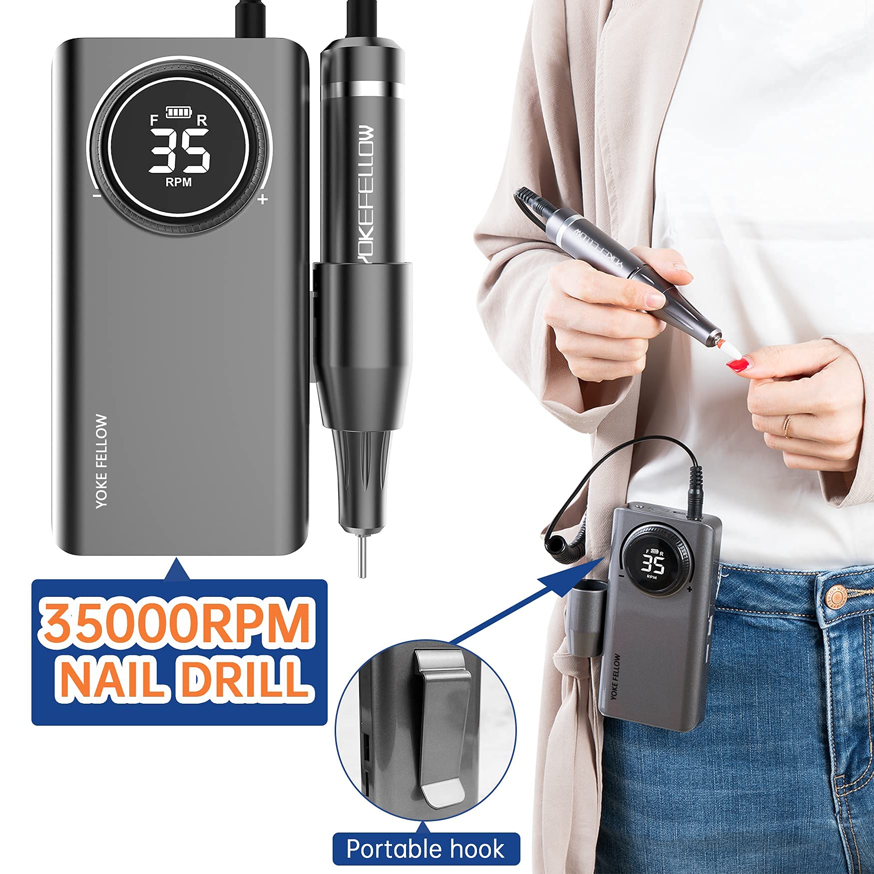 YOKE FELLOW Nail Drill Machine – 35000 RPM Pro Nail File with 6 Bits, Rechargeable for Home & Salon
