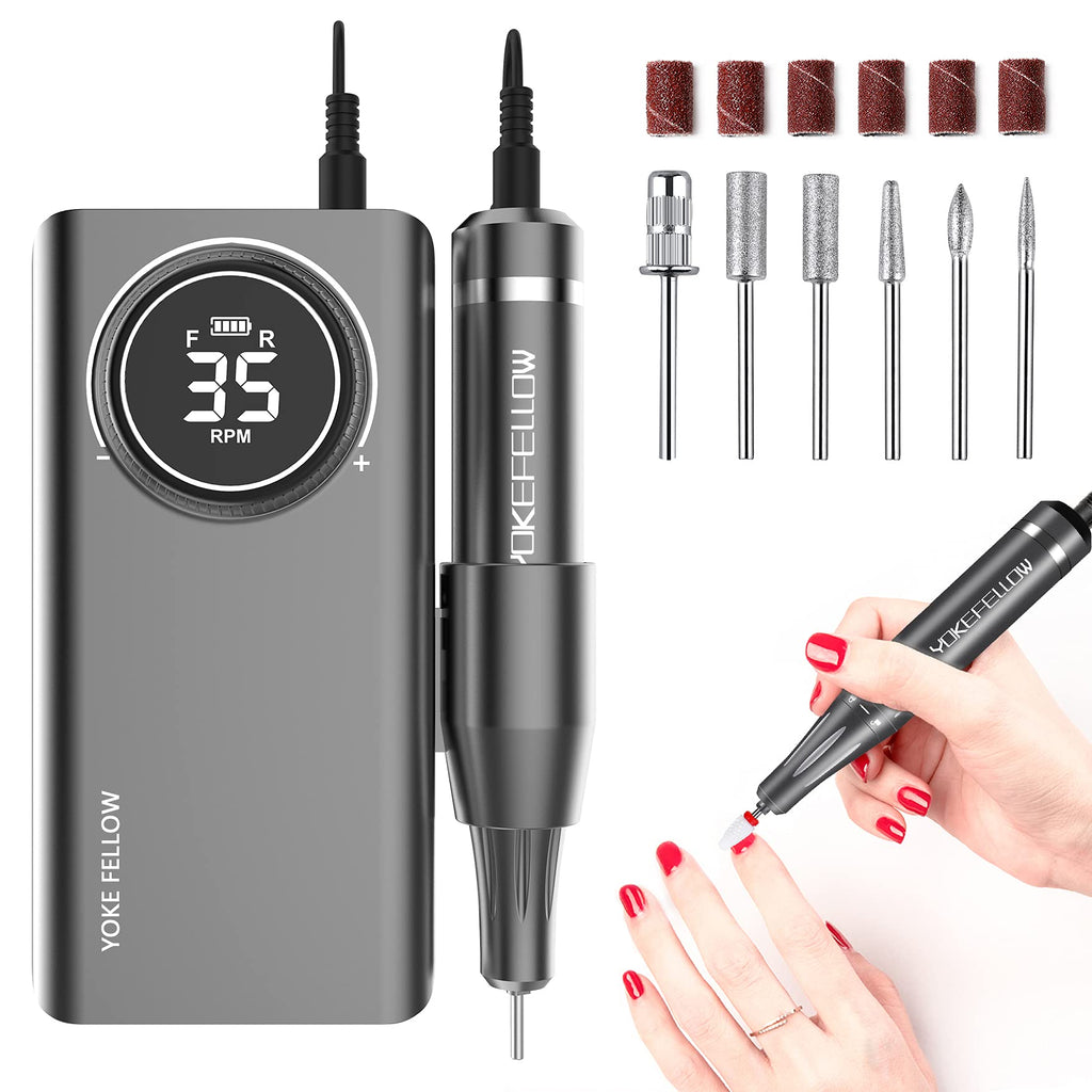 YOKE FELLOW Nail Drill Machine – 35000 RPM Pro Nail File with 6 Bits, Rechargeable for Home & Salon