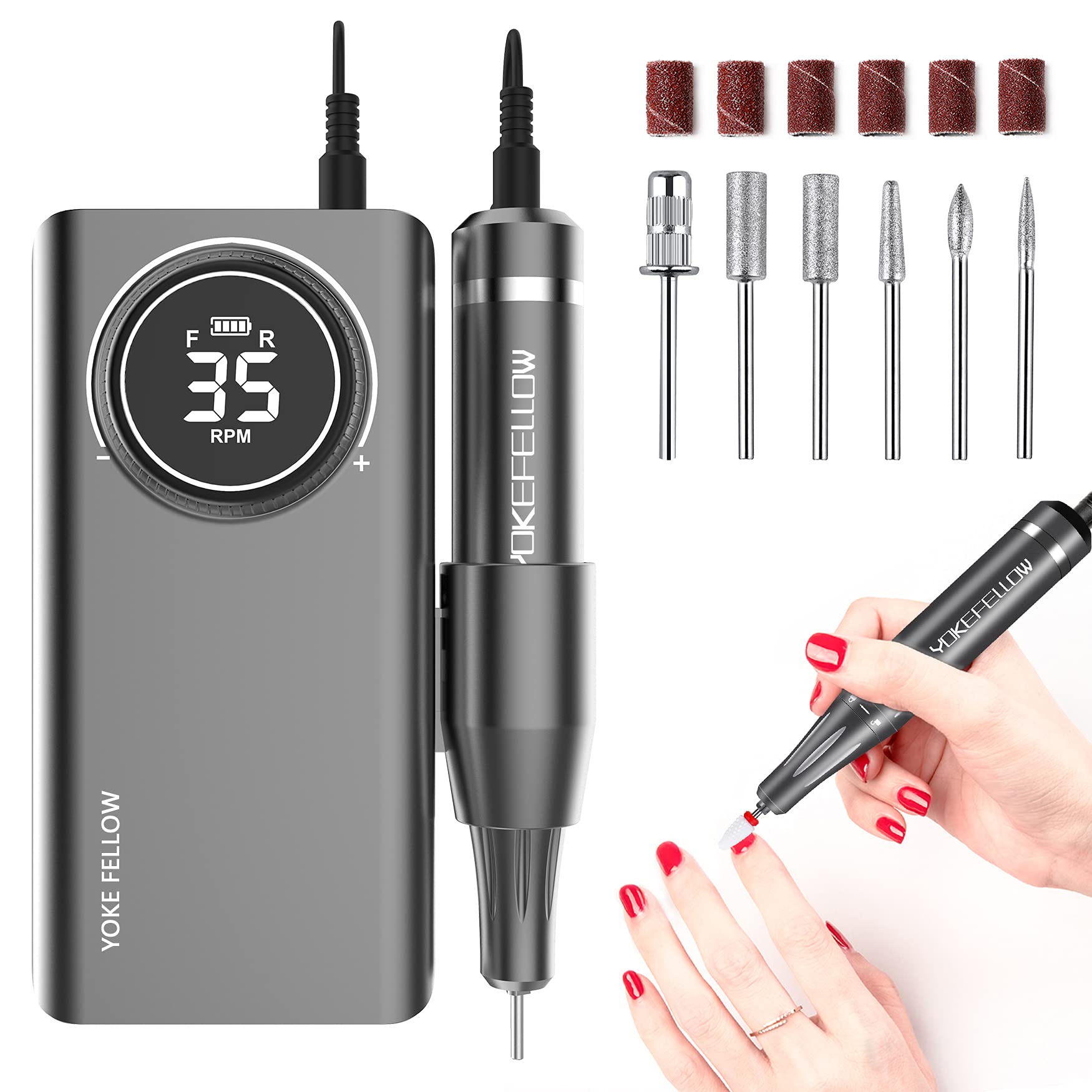 YOKE FELLOW Nail Drill Machine – 35000 RPM Pro Nail File with 6 Bits, Rechargeable for Home & Salon