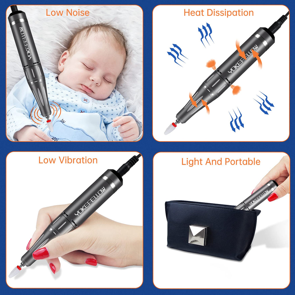 YOKE FELLOW Nail Drill Machine – 35000 RPM Pro Nail File with 6 Bits, Rechargeable for Home & Salon