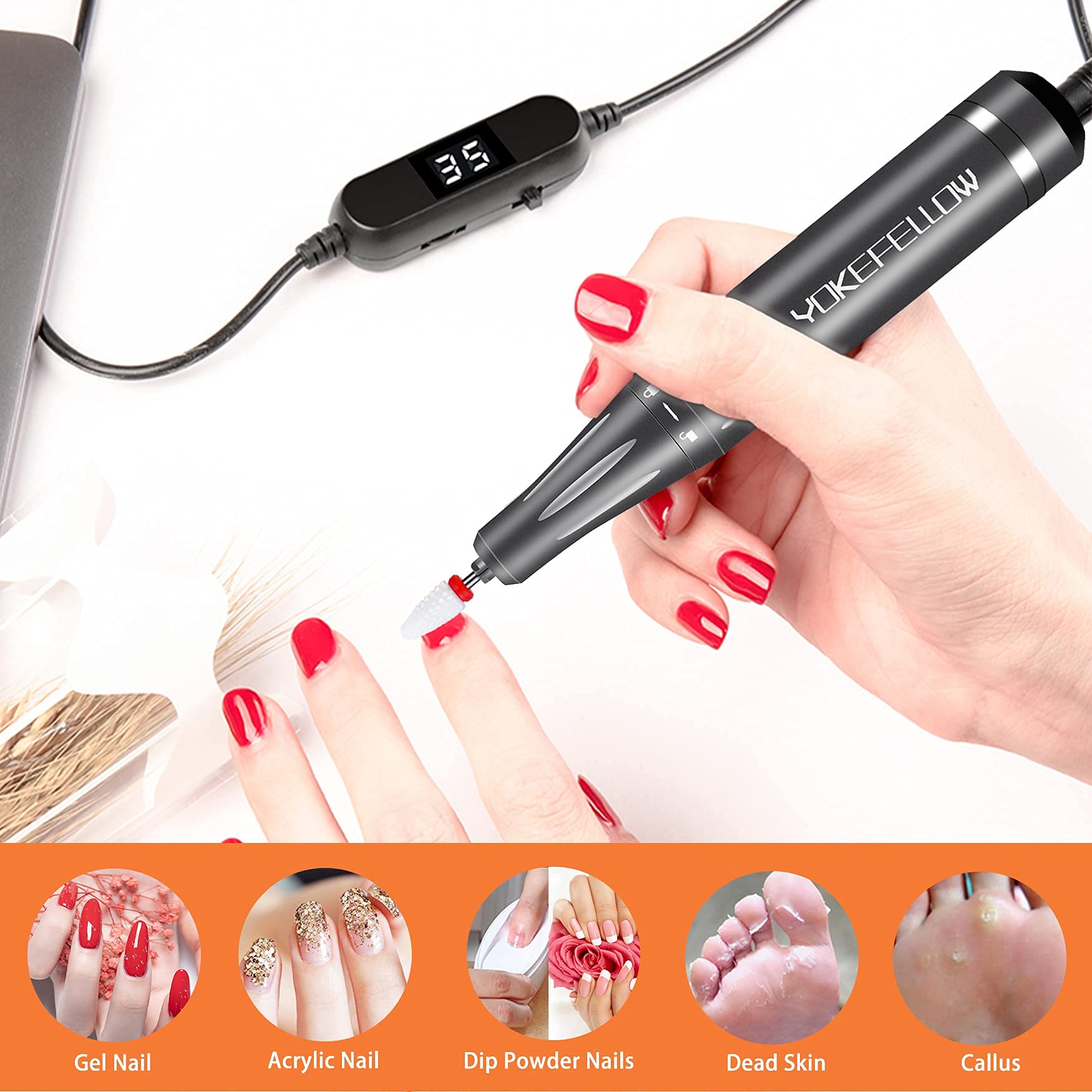YOKE FELLOW Nail Drill Machine – 35000 RPM Pro Nail File with 6 Bits, Rechargeable for Home & Salon