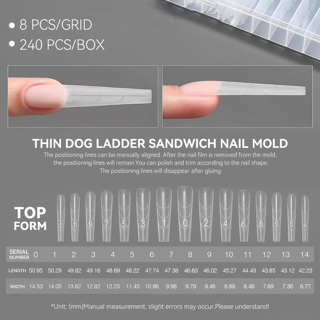 YOKE FELLOW Original Sandwich Nails Dual Forms – 240Pcs, 15 Sizes Long Coffin Nail Mold