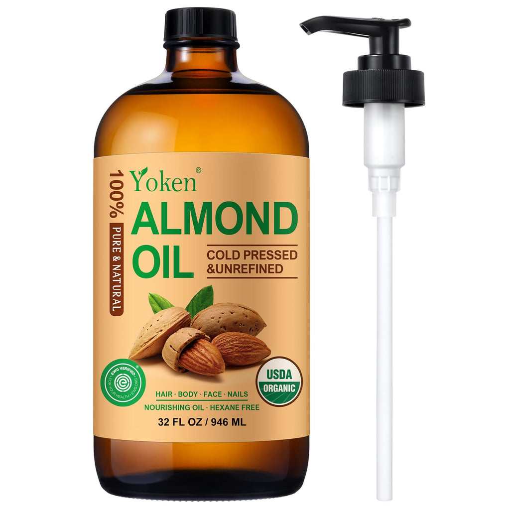Yoken Organic Almond Oil 32 oz - Cold Pressed in Amber Glass Bottle