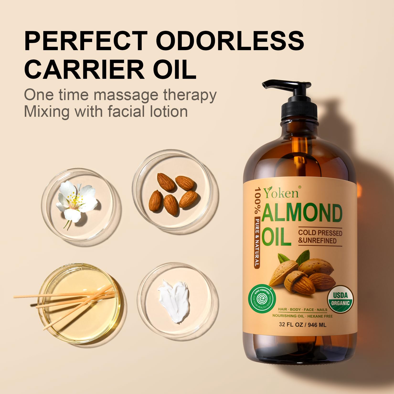 Yoken Organic Almond Oil 32 oz - Cold Pressed in Amber Glass Bottle