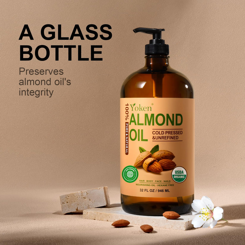 Yoken Organic Almond Oil 32 oz - Cold Pressed in Amber Glass Bottle