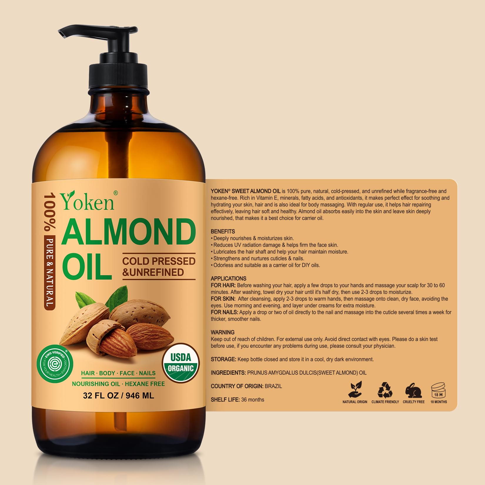 Yoken Organic Almond Oil 32 oz - Cold Pressed in Amber Glass Bottle