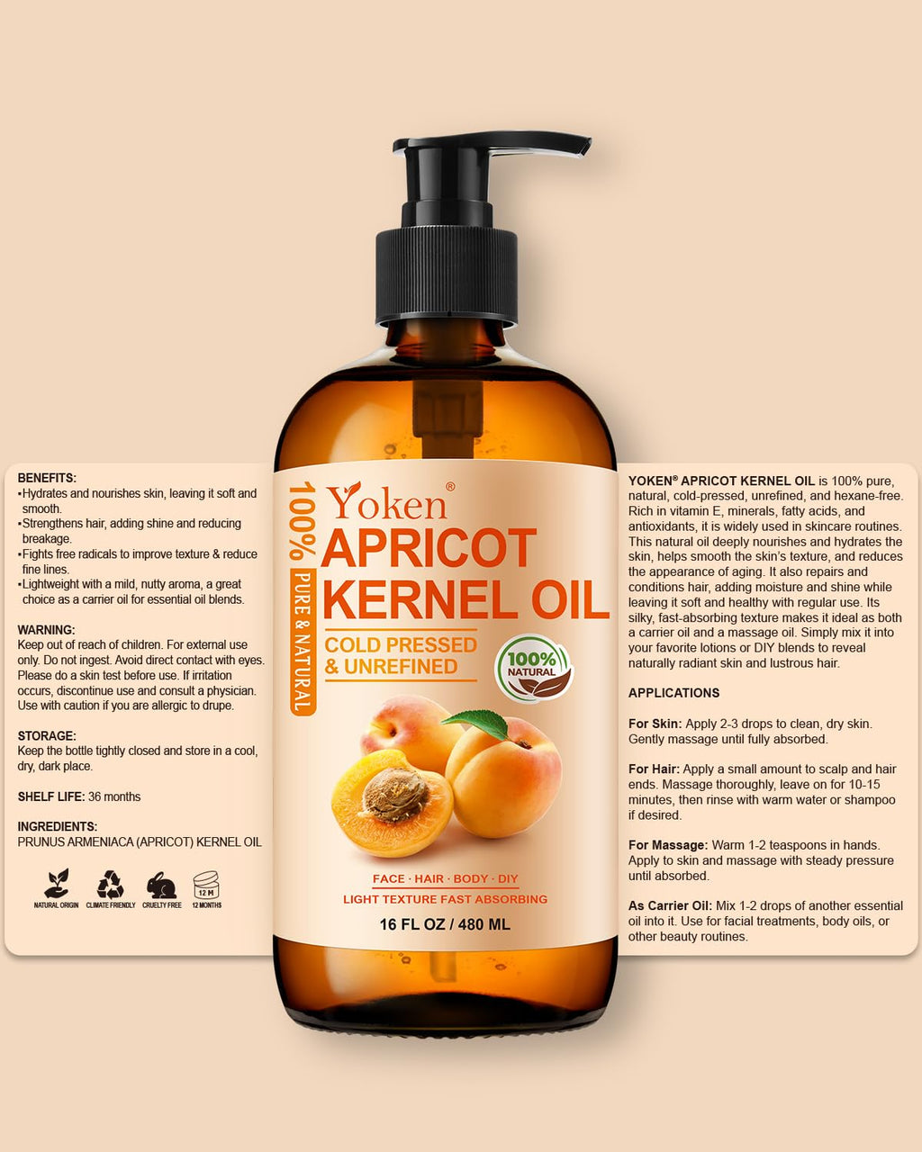Yoken Cold Pressed Apricot Kernel Oil 16 oz – 100% Pure, Unscented Carrier Oil for Skin & Hair