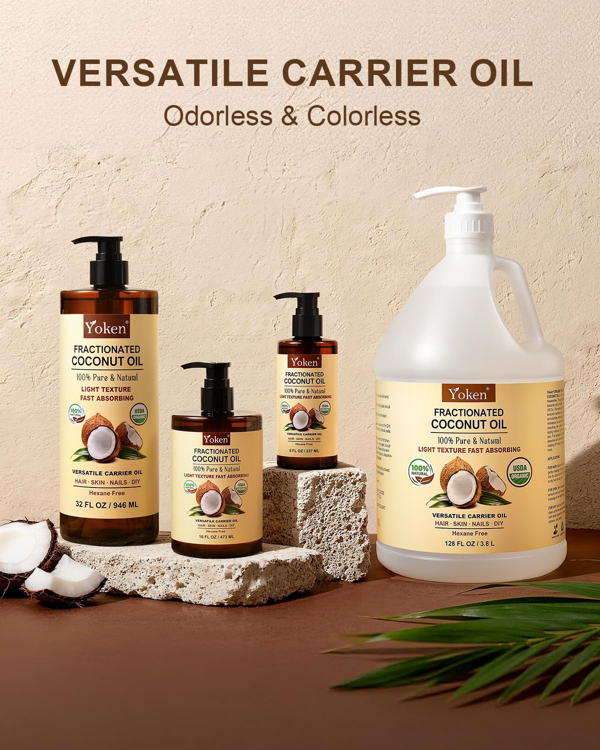 Yoken USDA Organic Fractionated Coconut Oil – 8 oz, Pure Liquid for Face & Body, Unscented, Hexane Free