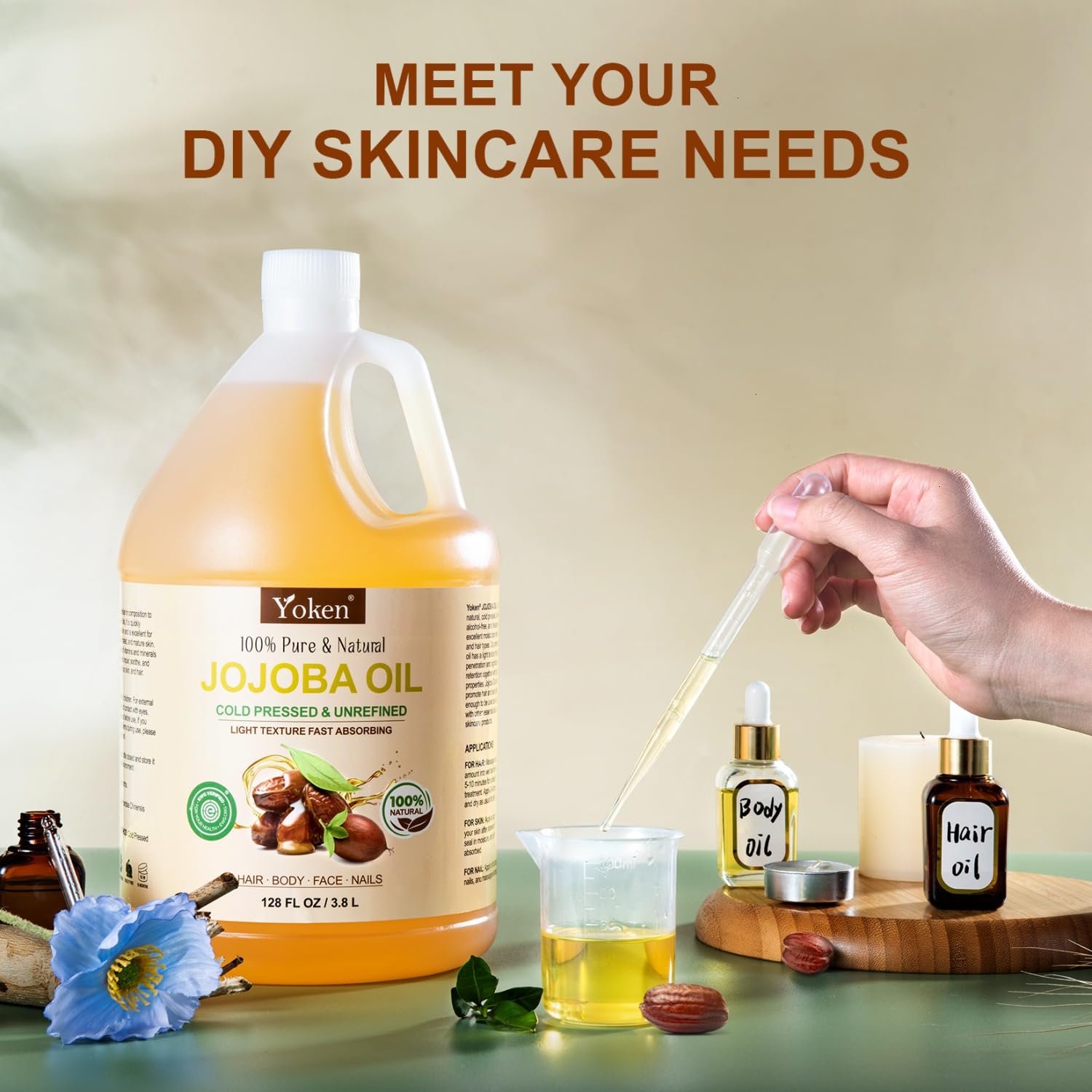 Yoken 1 Gallon Jojoba Oil – Pure Cold-Pressed, Hexane-Free Carrier Oil (EWG Verified) for Hair & Skin
