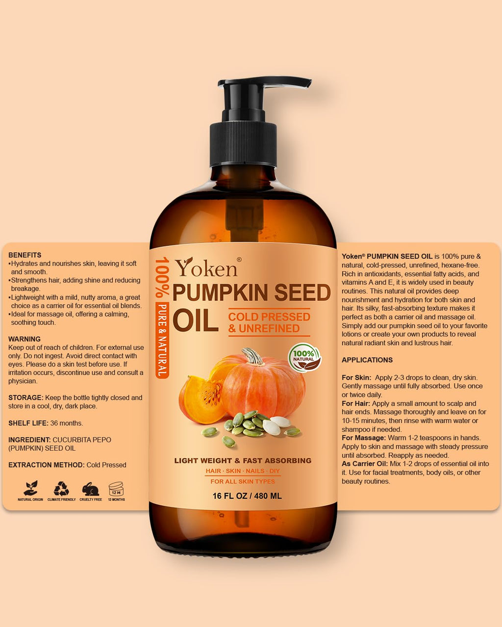 Yoken Pumpkin Seed Oil for Hair & Scalp Care – Cold-Pressed, Hexane-Free, 16 fl oz