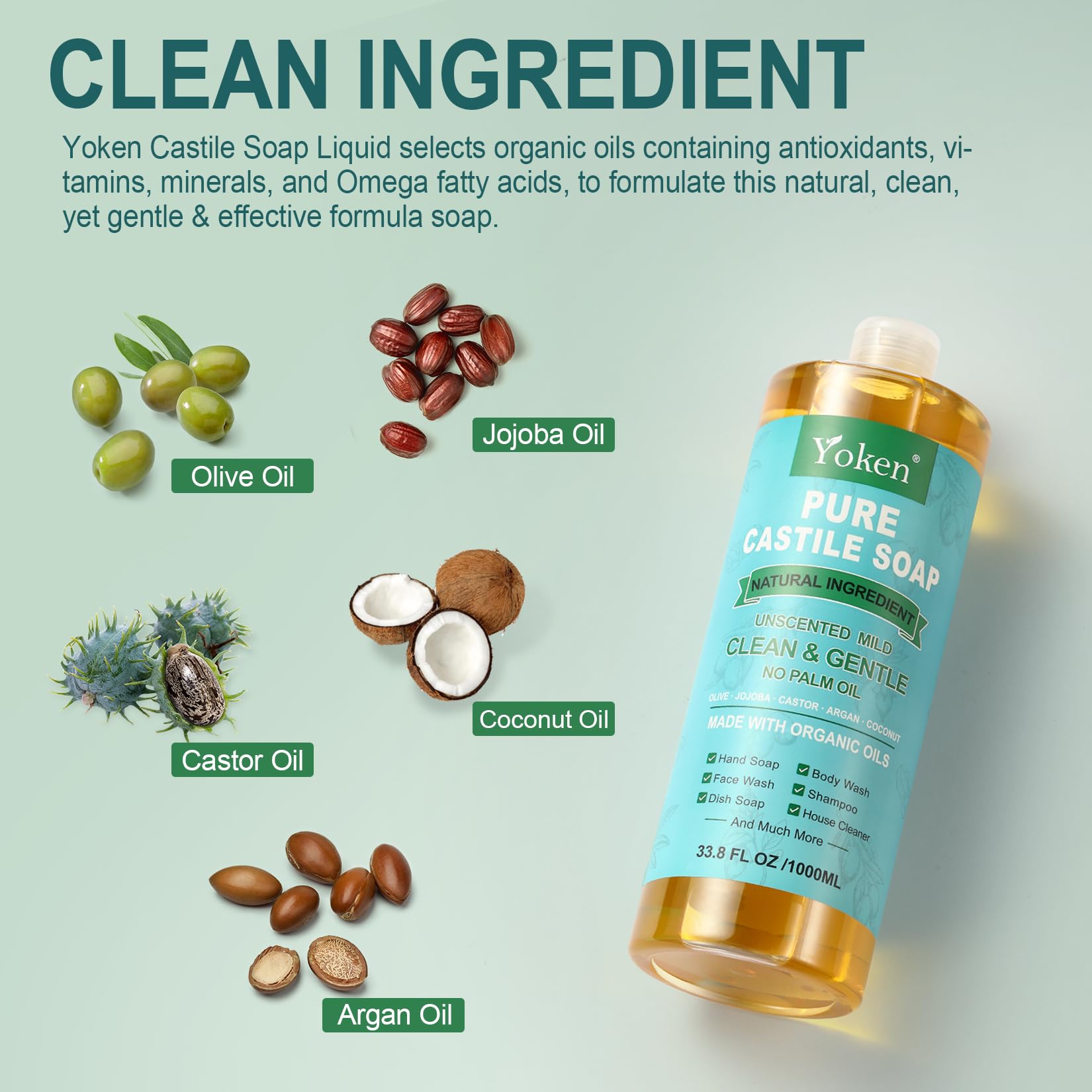 Yoken Pure Castile Soap Liquid Unscented 67oz – Organic Oils, Vegan, No Palm Oil