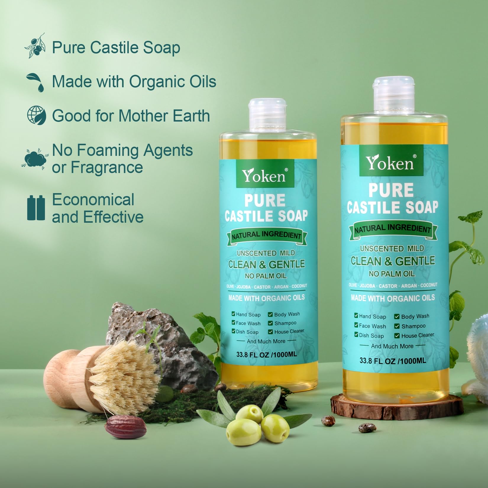 Yoken Pure Castile Soap Liquid Unscented 67oz – Organic Oils, Vegan, No Palm Oil
