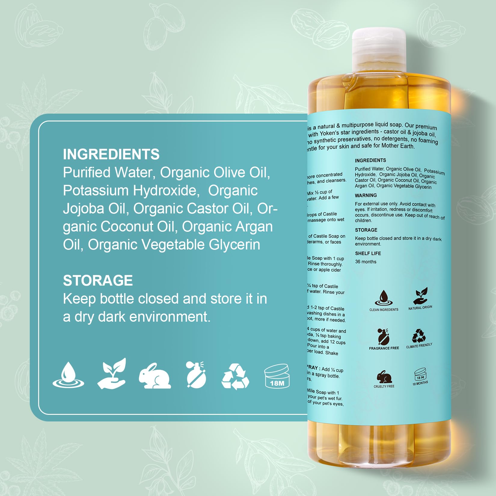 Yoken Pure Castile Soap Liquid Unscented 67oz – Organic Oils, Vegan, No Palm Oil