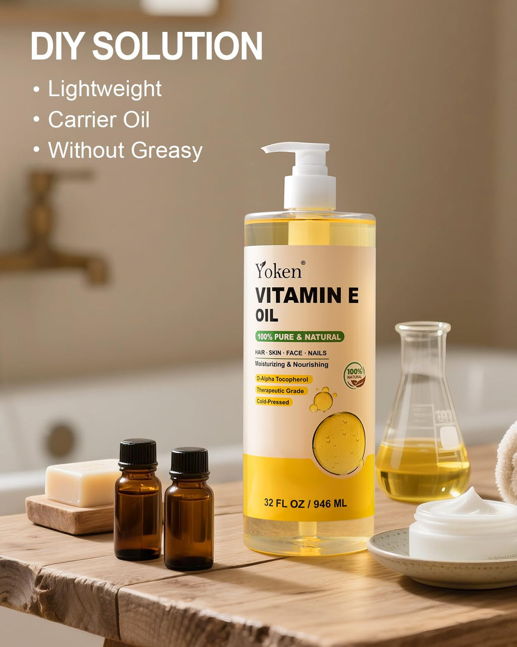 Yoken Vitamin E Oil 32oz – Cold-Pressed, Hexane-Free Skin Oil for Face & Body