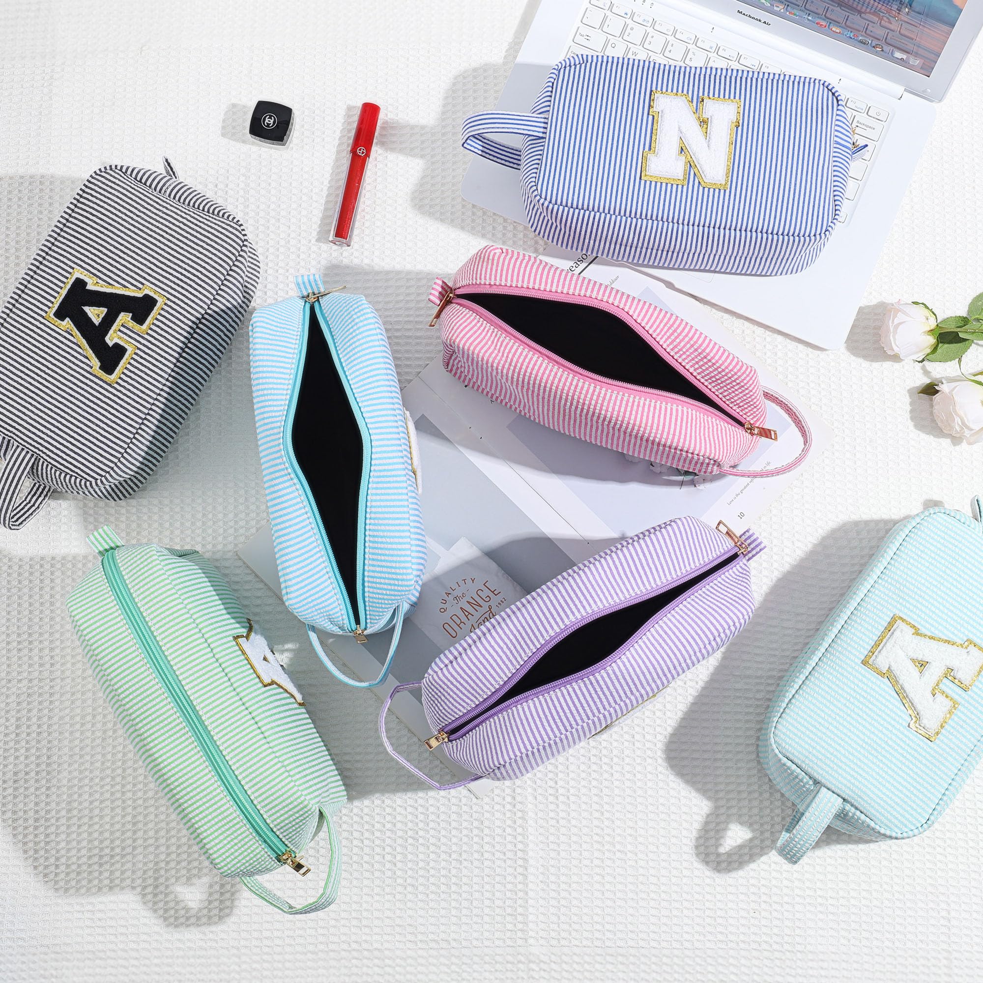 YOOLIFE Monogram Initial Green Makeup Bags – 2-Pack Personalized Cosmetic Pouches for Women