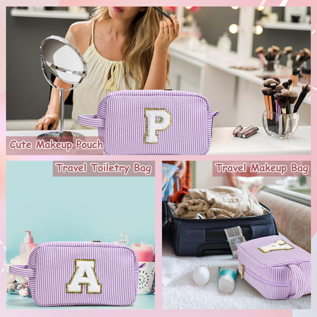 YOOLIFE Initial Travel Makeup Bag Set – 2-Pack Monogram Cosmetic Bags (Pink A) | Gift for Women, Teens & Moms
