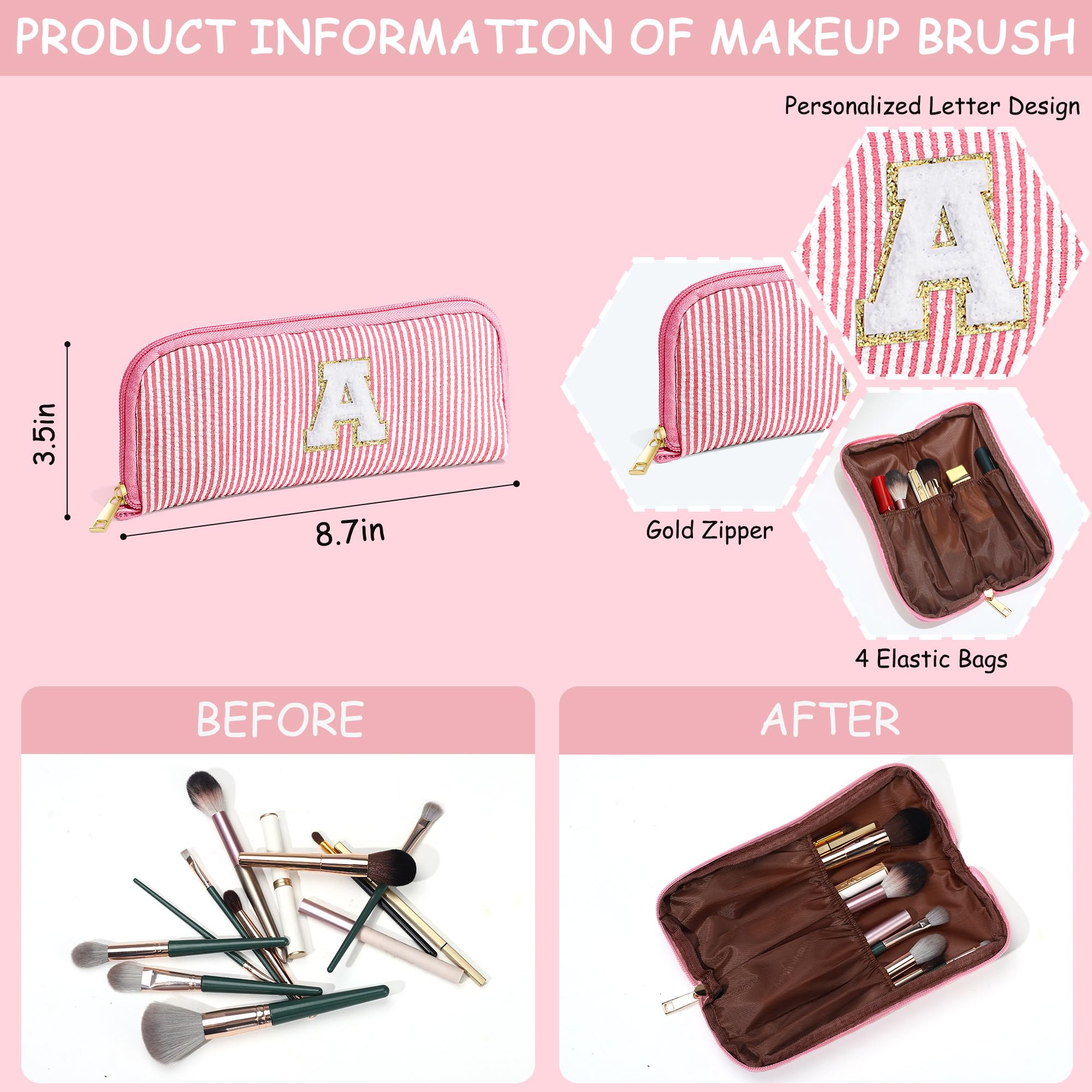 YOOLIFE Initial Travel Makeup Bag Set – 2-Pack Monogram Cosmetic Bags (Pink A) | Gift for Women, Teens & Moms