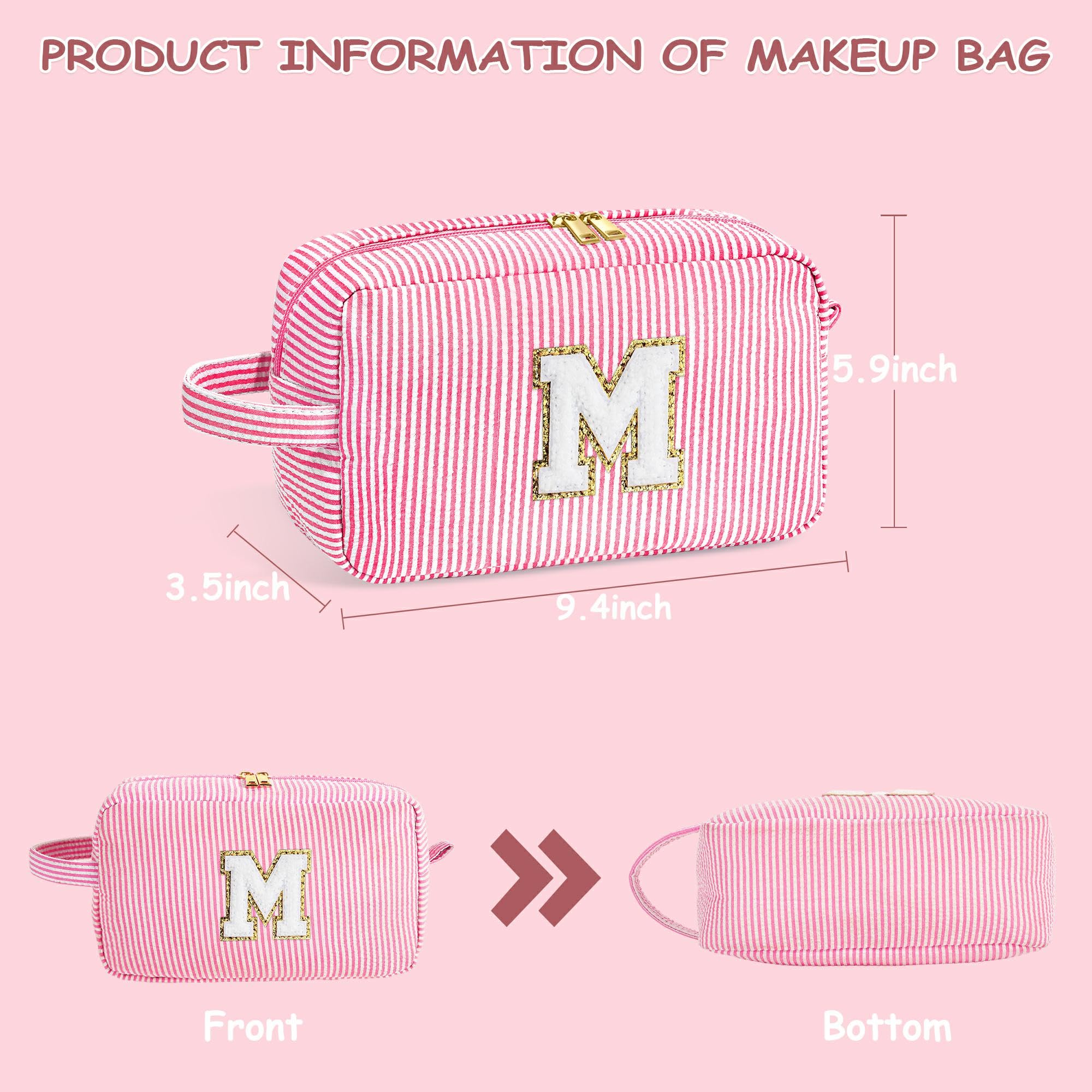 YOOLIFE Initial Travel Makeup Bag Set – 2-Pack Monogram Cosmetic Bags (Pink A) | Gift for Women, Teens & Moms