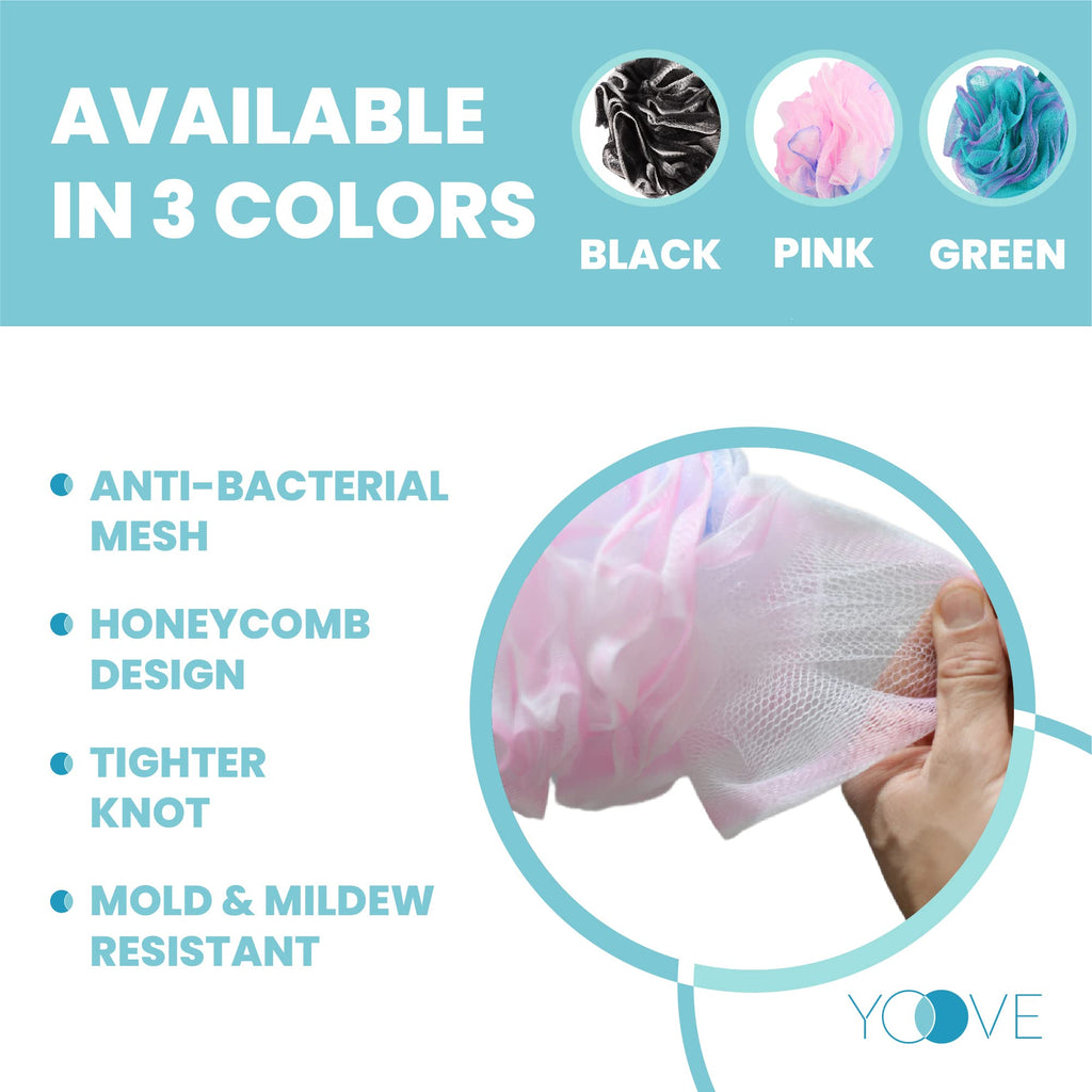 Yoove Loofah Back Scrubber with Bamboo Charcoal Infusion | 17-Inch Wooden Handle Pink Loofah Set
