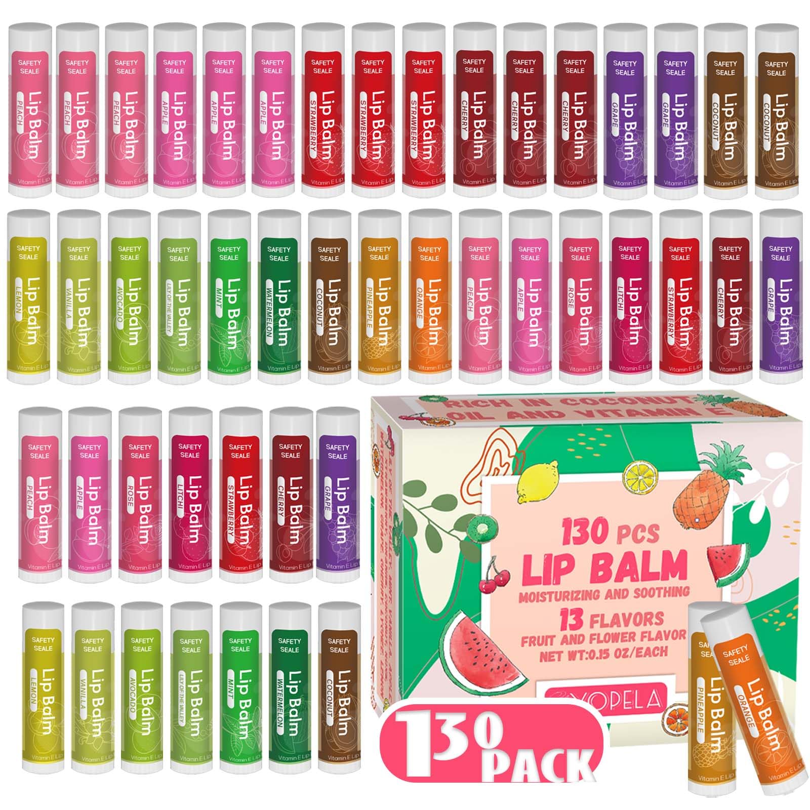 Yopela 130-Pack Natural Lip Balm Set — 13 Flavors, Vitamin E & Coconut Oil | Non-GMO 0.15 oz