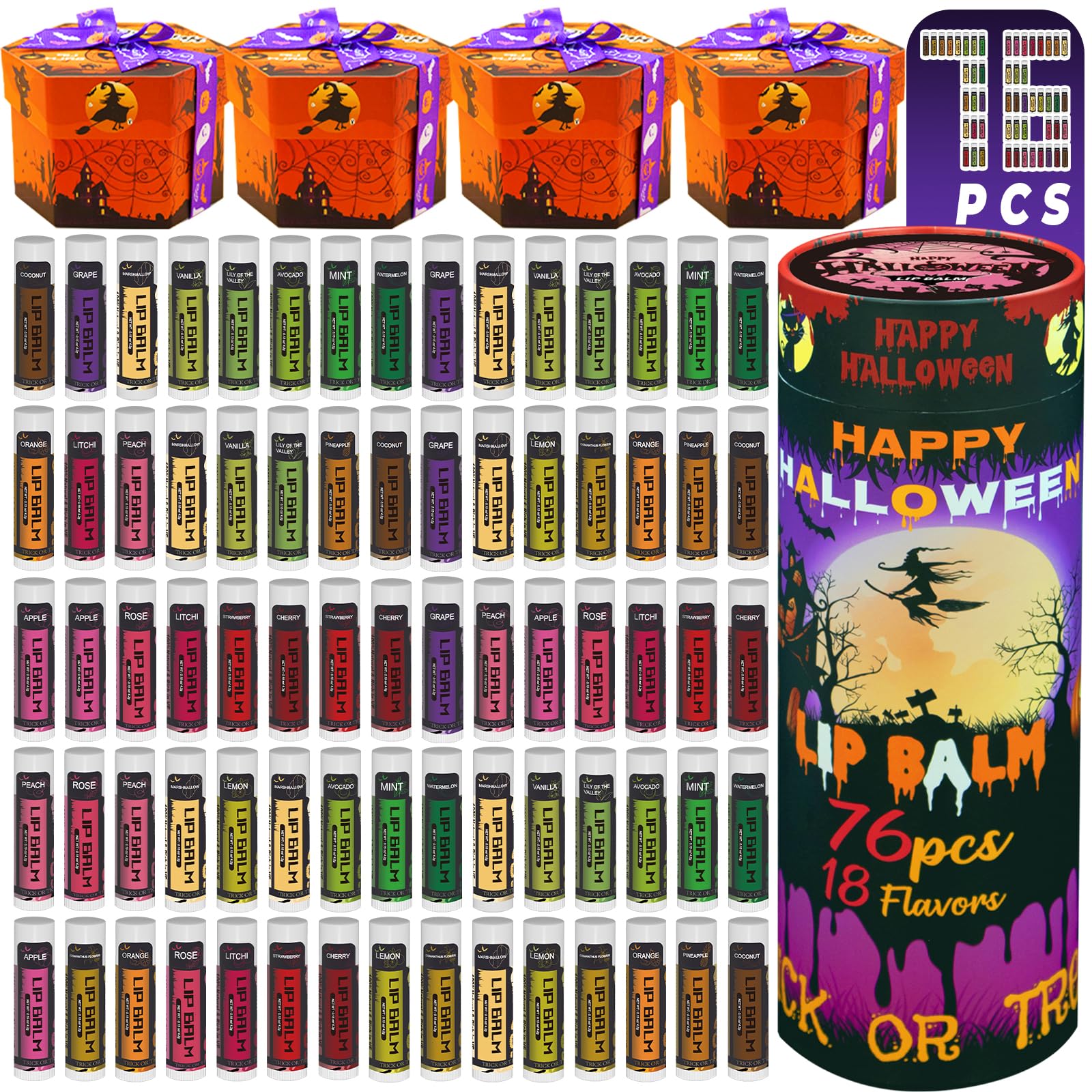 Yopela 76-Pack Halloween Lip Balm Party Favors – 18 Flavors, Vitamin E & Coconut Oil Lip Care Set