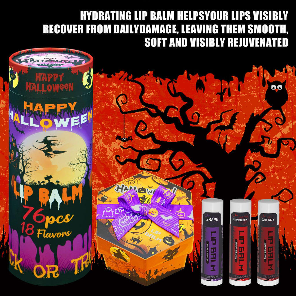 Yopela 76-Pack Halloween Lip Balm Party Favors – 18 Flavors, Vitamin E & Coconut Oil Lip Care Set