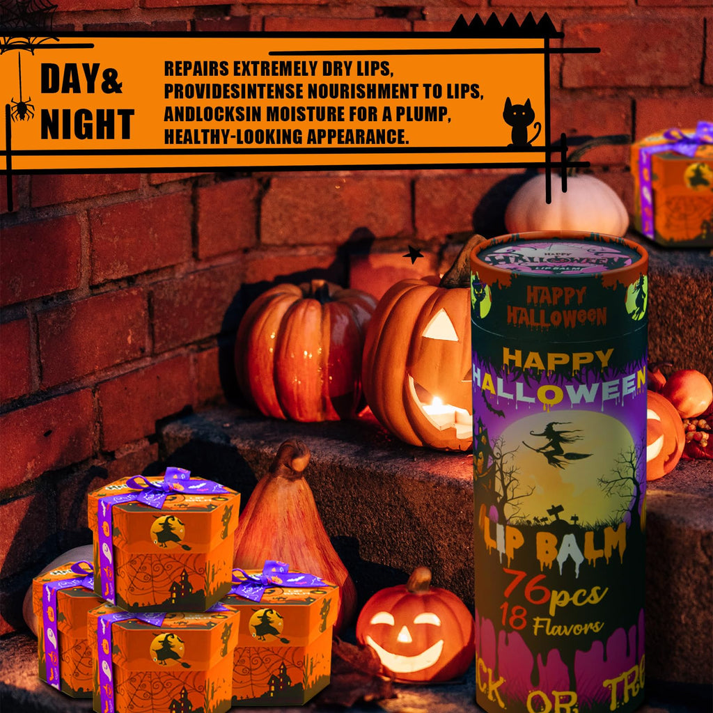 Yopela 76-Pack Halloween Lip Balm Party Favors – 18 Flavors, Vitamin E & Coconut Oil Lip Care Set