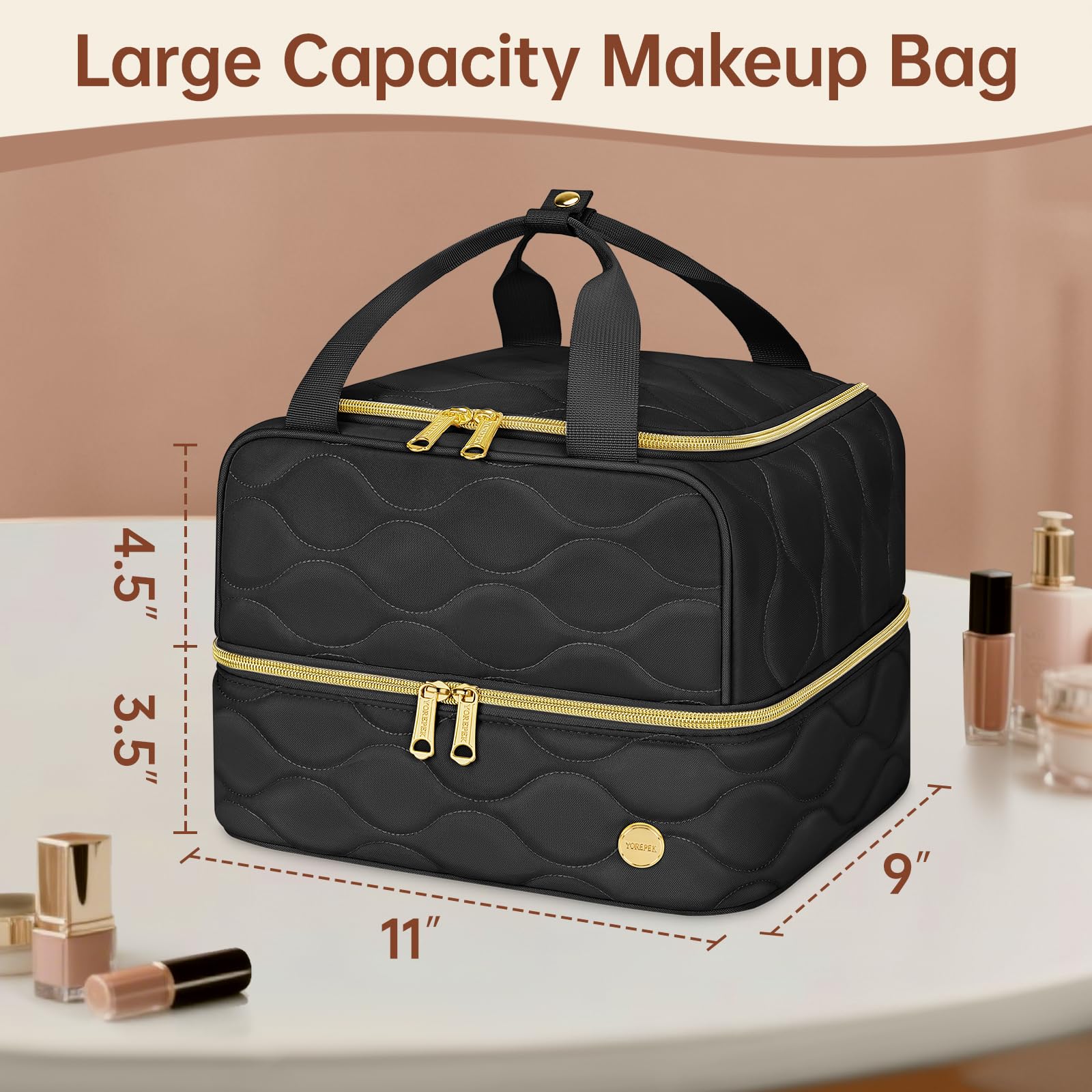 YOREPEK Travel Makeup Organizer Bag – 2-Layer Portable Cosmetic Case for Women (Black)