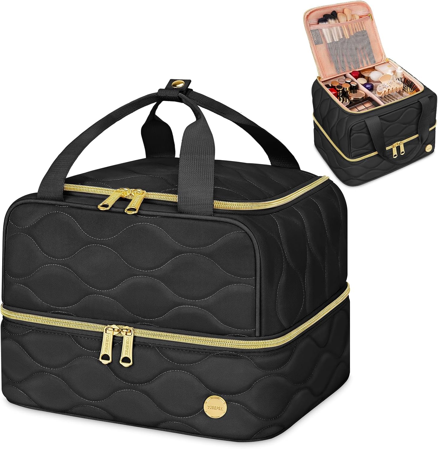 YOREPEK Travel Makeup Organizer Bag – 2-Layer Portable Cosmetic Case for Women (Black)