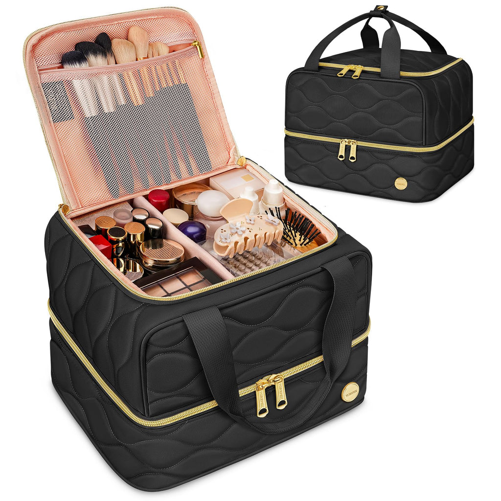 YOREPEK Travel Makeup Organizer Bag – 2-Layer Portable Cosmetic Case for Women (Black)