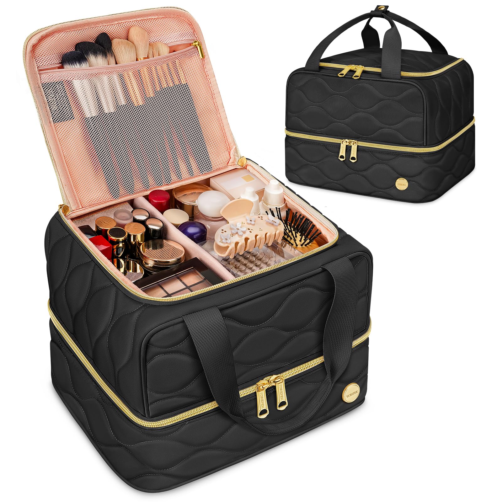 YOREPEK Travel Makeup Organizer Bag – 2-Layer Portable Cosmetic Case for Women (Black)