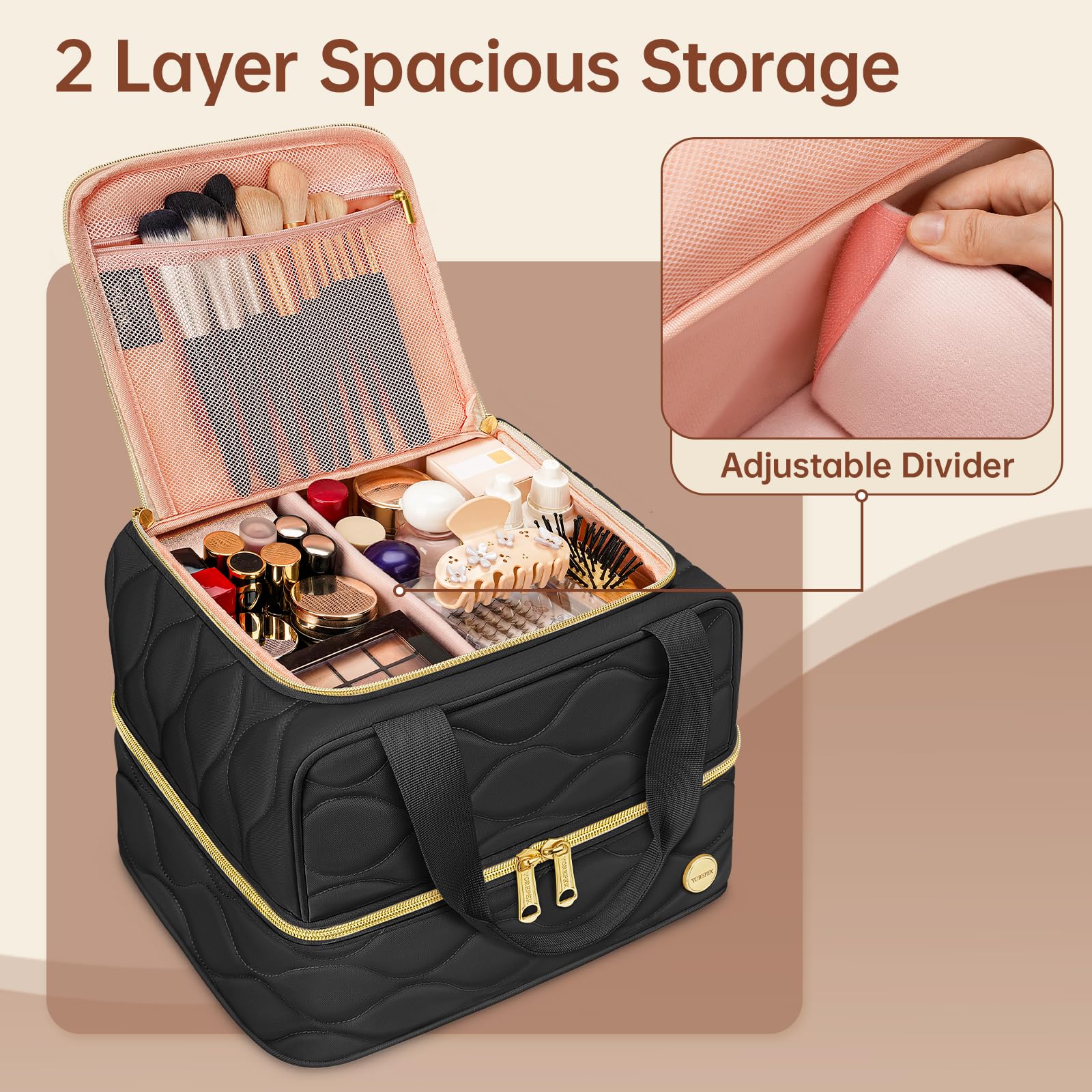 YOREPEK Travel Makeup Organizer Bag – 2-Layer Portable Cosmetic Case for Women (Black)