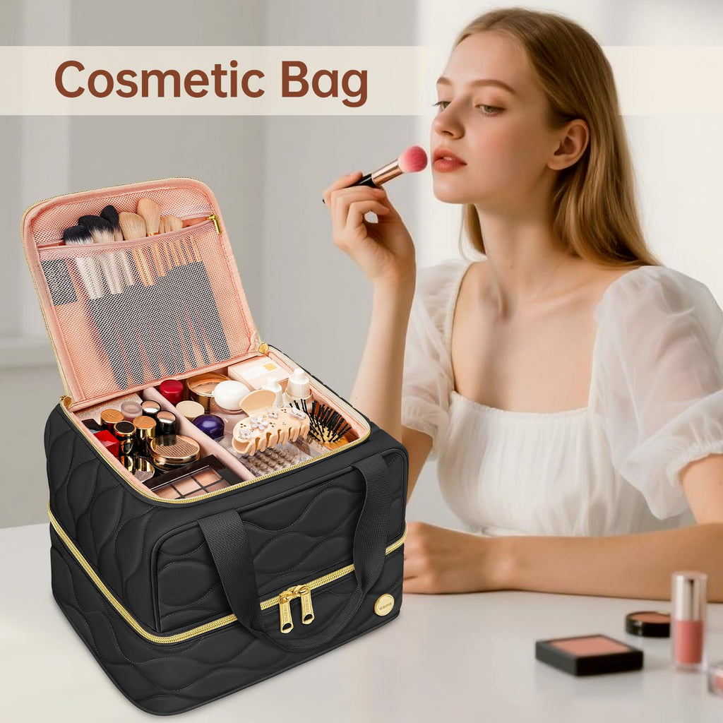 YOREPEK Travel Makeup Organizer Bag – 2-Layer Portable Cosmetic Case for Women (Black)