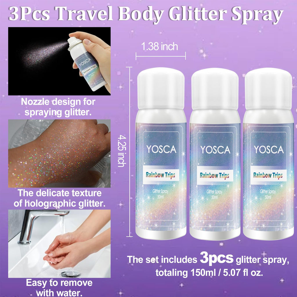 Yosca Body Glitter Spray 3-Pack – Silver Holographic Shine for Skin, Hair & Clothes