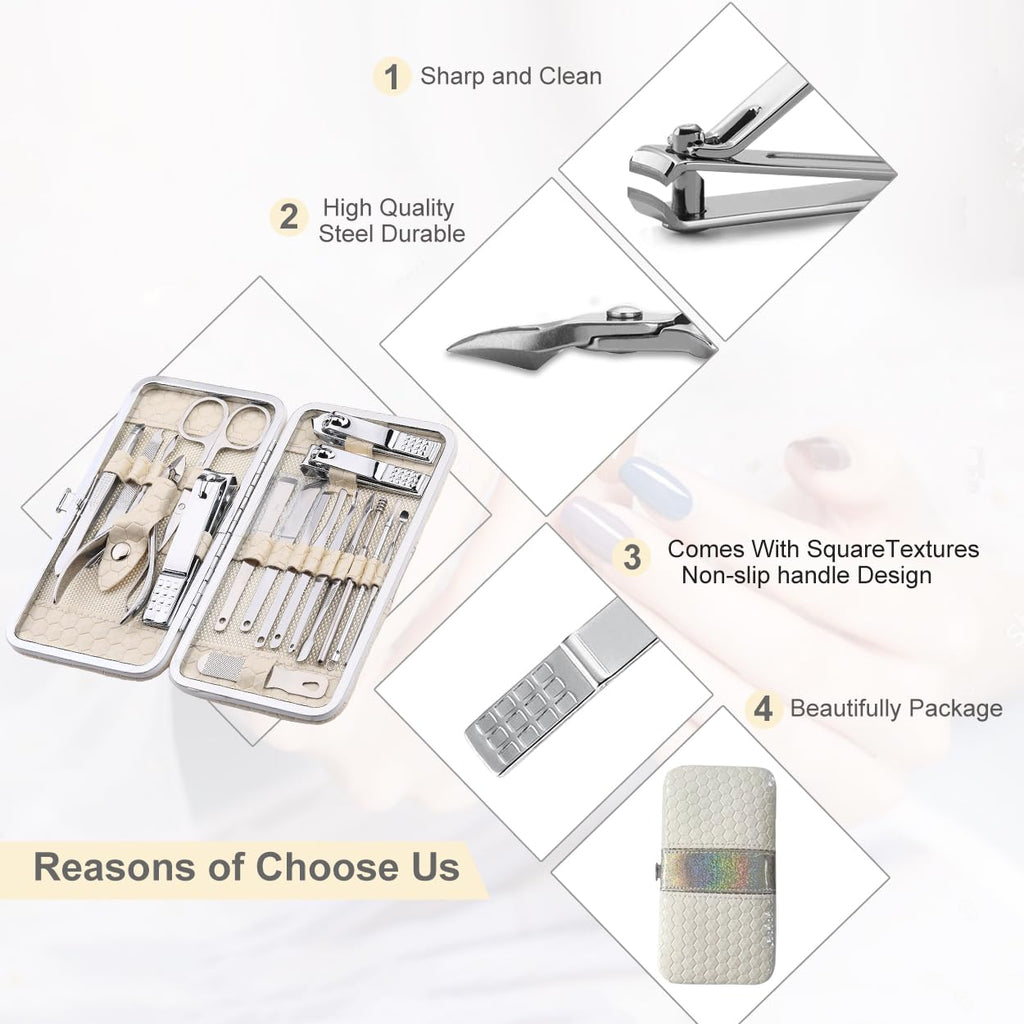 Yougai 18-Piece Nail Clippers Set – Stainless Steel Manicure Kit with Luxury Travel Case