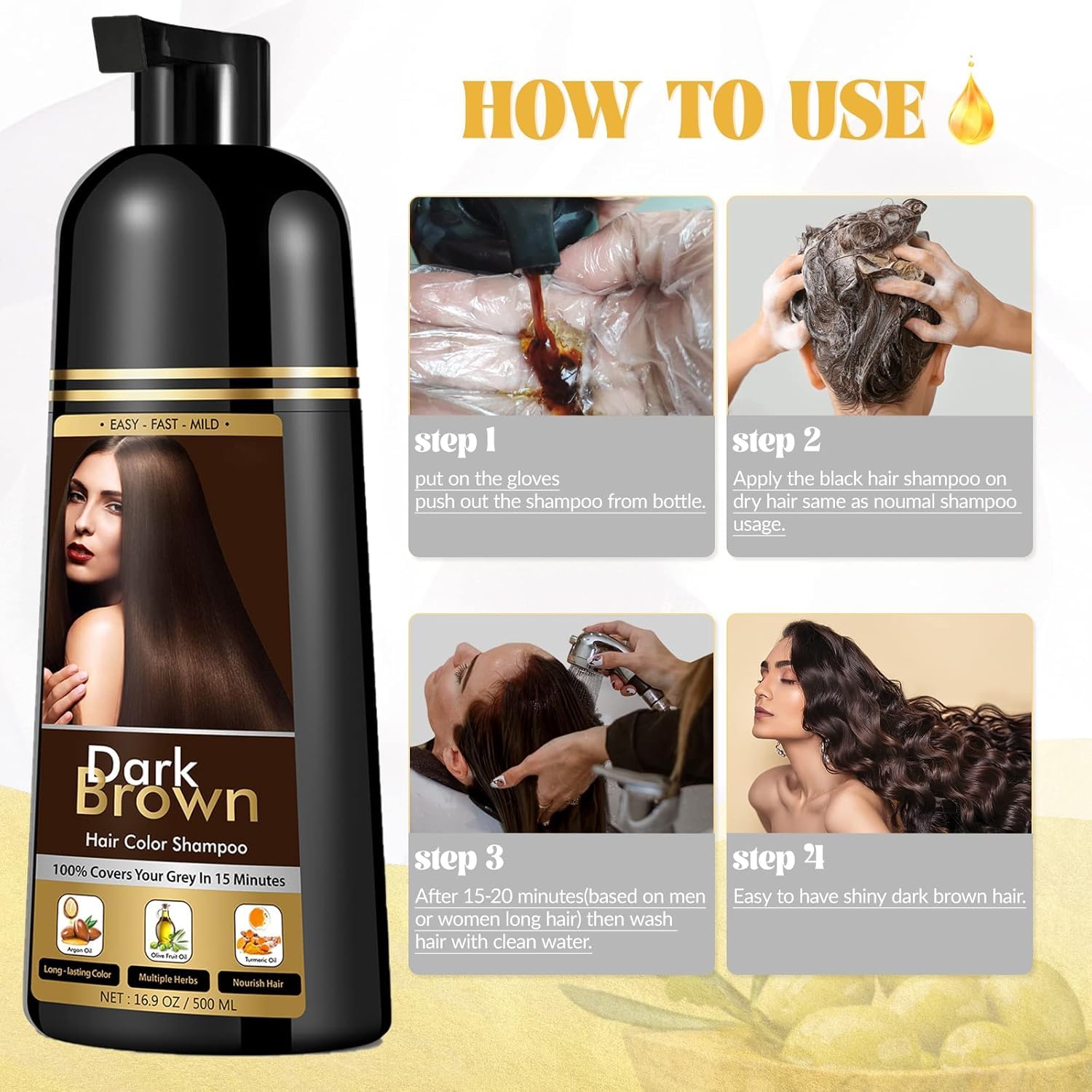 YOURTONE Dark Brown Hair Dye Shampoo for Gray Hair – 3-in-1, Semi-Permanent, 500ML