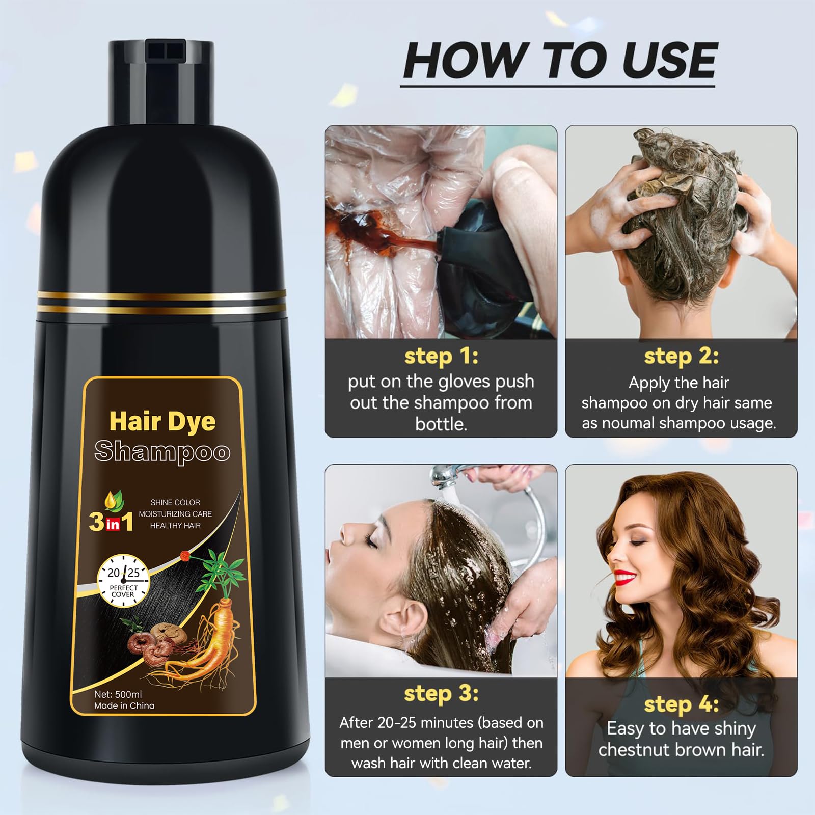 YOURTONE Hair Dye Shampoo Chestnut Brown – 3-in-1, Ammonia-Free, 500ml