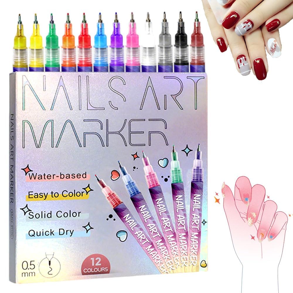 YOUSHEME 12 Color Nail Art Pens Set – 0.5mm Quick-Dry Nail Markers for DIY Nail Art