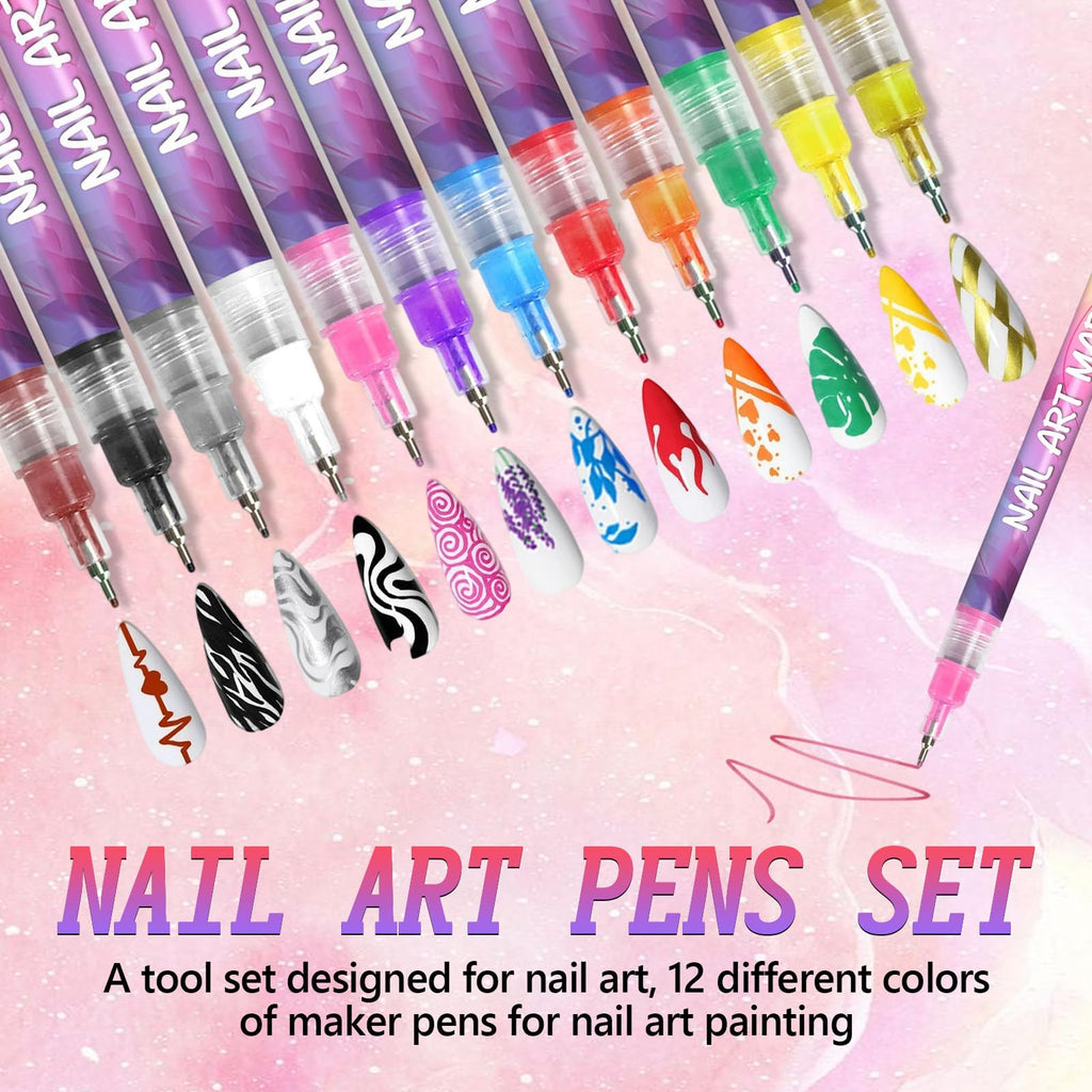 YOUSHEME 12 Color Nail Art Pens Set – 0.5mm Quick-Dry Nail Markers for DIY Nail Art