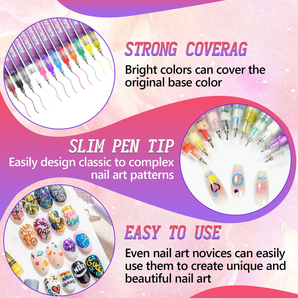 YOUSHEME 12 Color Nail Art Pens Set – 0.5mm Quick-Dry Nail Markers for DIY Nail Art