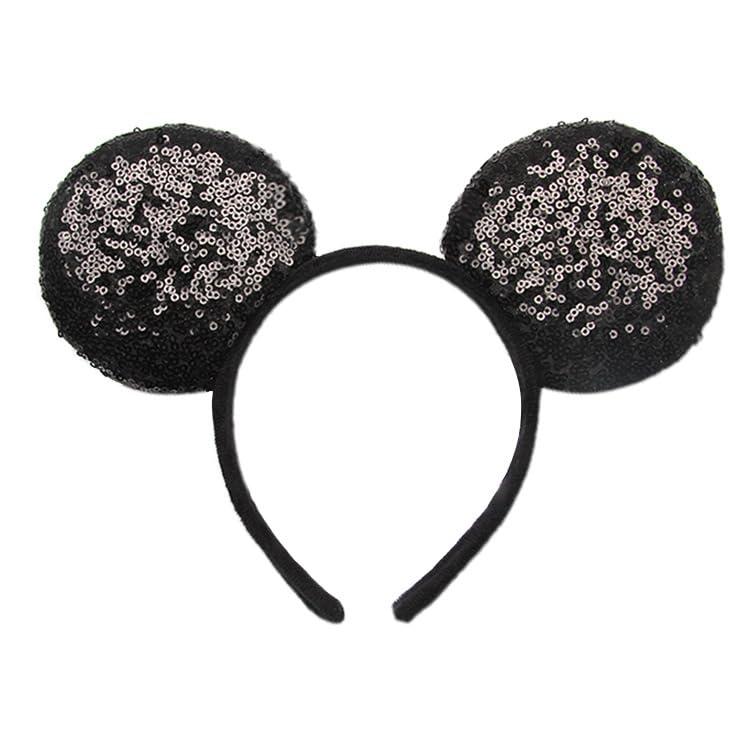 YOVECATHOU Mouse Deluxe Ear Bow Headbands – Sequin Hair Accessories for Cosplay, Party & Costume (Black)