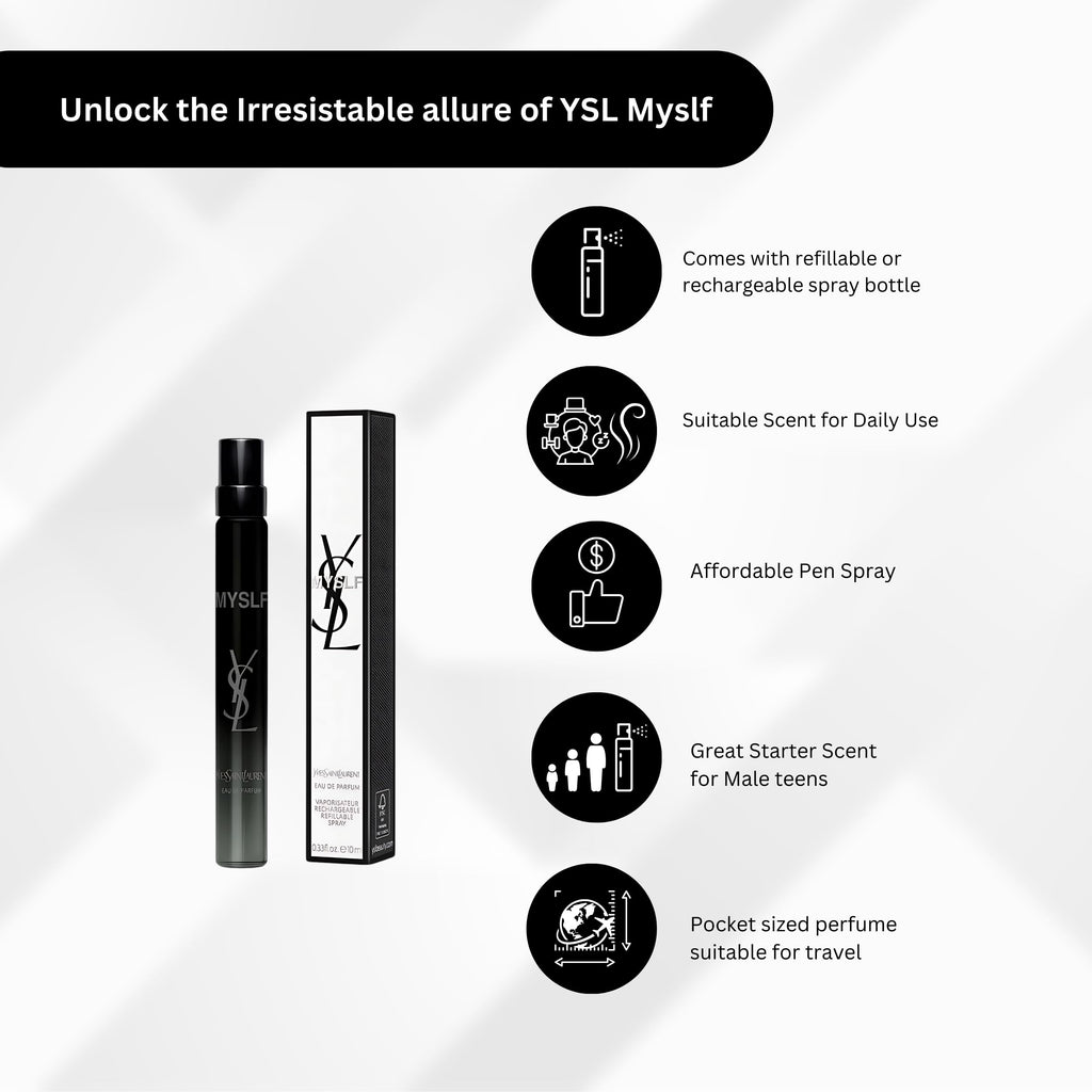 Yves Saint Laurent MYSLF EDP Travel Spray – 0.33 oz (10 ml) – Refillable Woody Floral Perfume for Women