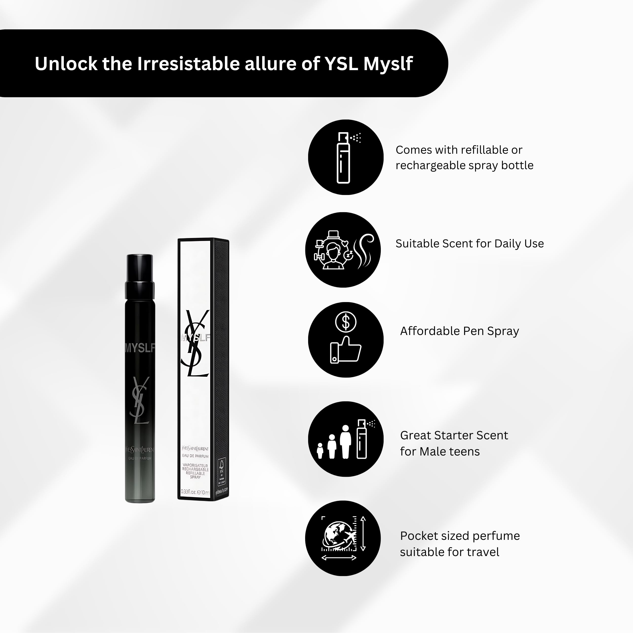 Yves Saint Laurent MYSLF EDP Travel Spray – 0.33 oz (10 ml) – Refillable Woody Floral Perfume for Women