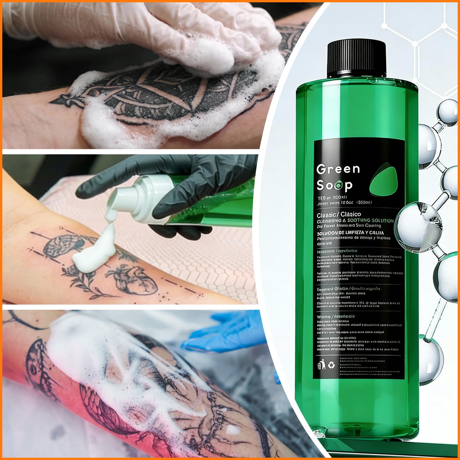 Yuelong 16.9oz Green Tattoo Soap Kit with 7oz Foam Bottle — Ultra-Concentrated Pro Cleaning